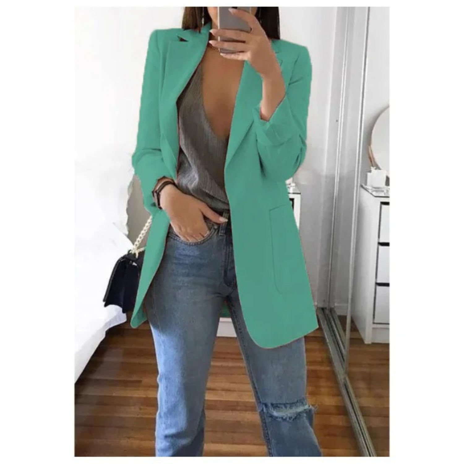 Women's long khaki blazer tailored fit elegant office style all-day comfort versatile layer