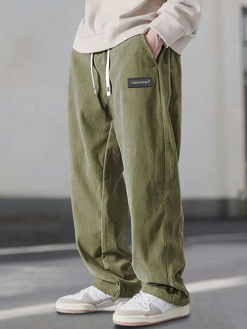 Men's wide-leg corduroy pants in wide-wale texture with elastic drawstring waist streetwear fit