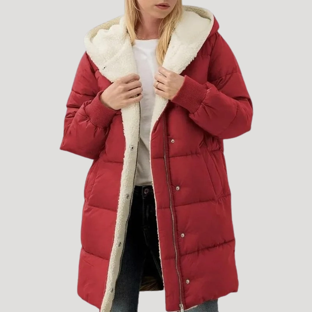 Women's lightweight hooded puffer coat in winter style with flattering fit and padded insulation