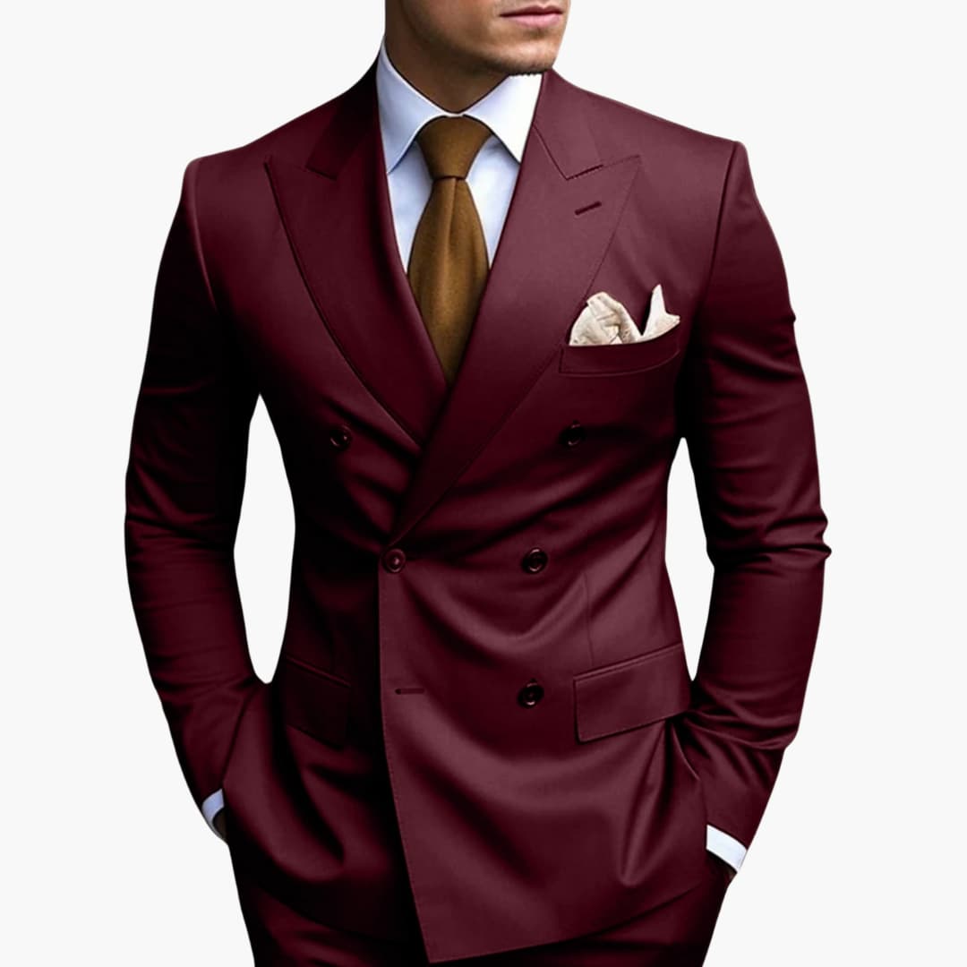 Men's black double-button notched lapel suit set with straight-leg pants for modern tailoring
