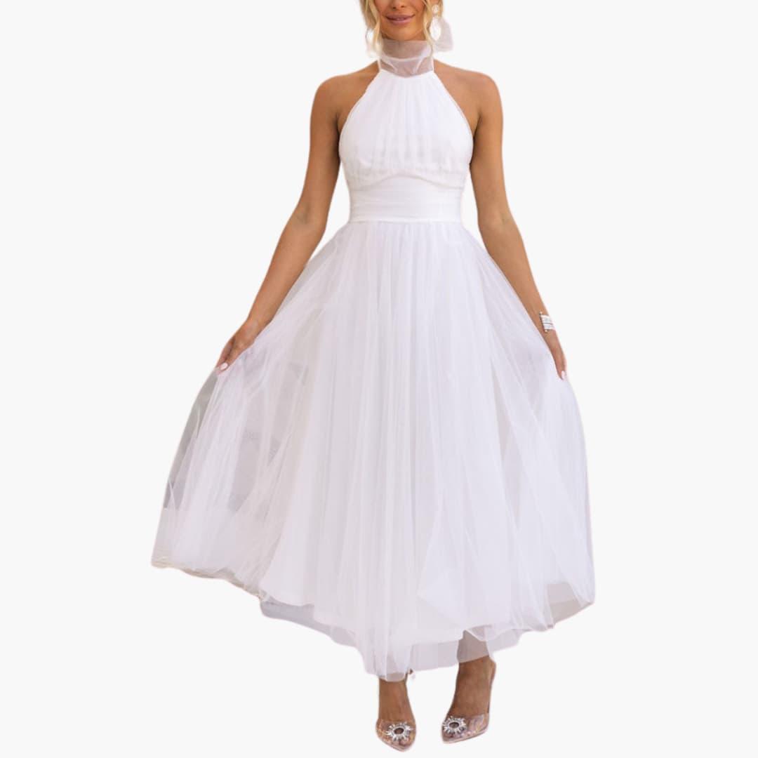 Women's ivory tulle halter neck maxi gown with elegant layered skirt for formal occasions