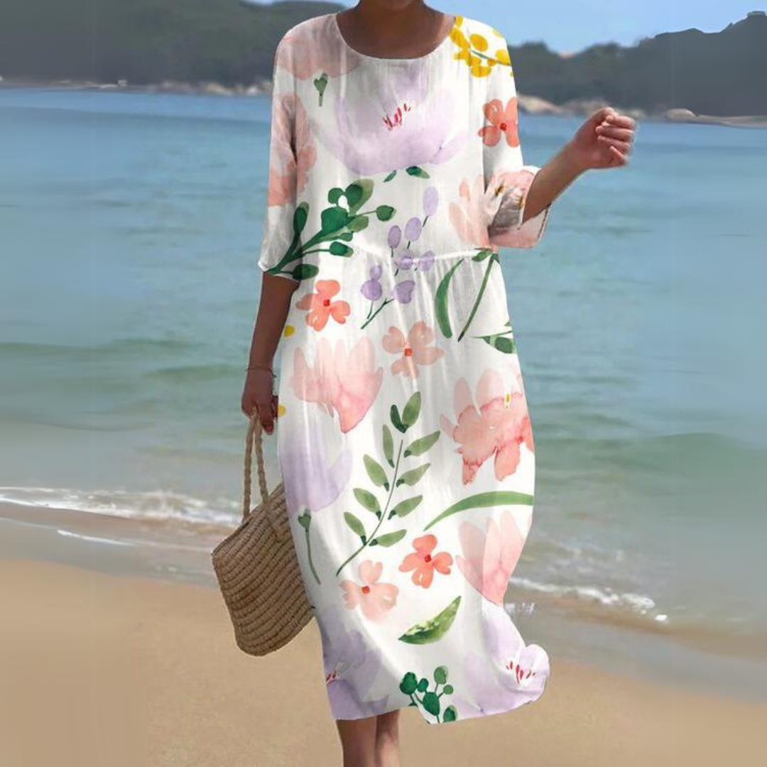 Floral midi dress light airy viscose 3/4 sleeve round neck garden party feminine style