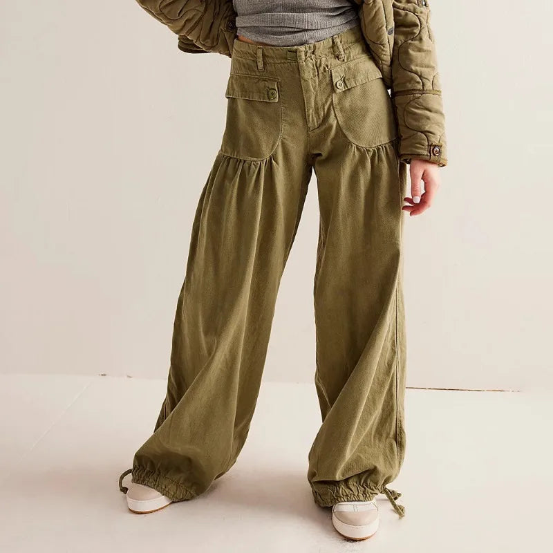 Women's wide-leg denim harem jogger in soft breathable fabric with adjustable drawcord hem detail