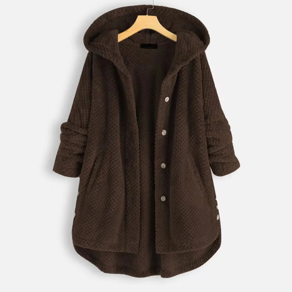 Women's teddy fleece hooded jacket oversized cozy plush with deep pockets in neutral tone