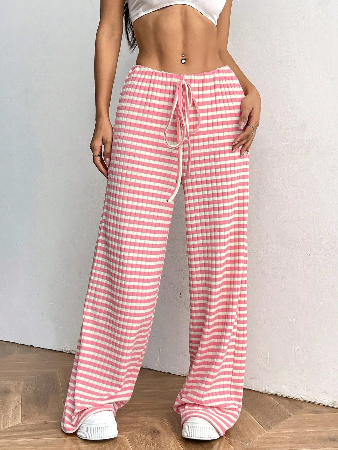 Women's wide leg high rise lounge pants, soft cotton blend textured stripe knit in neutral tone