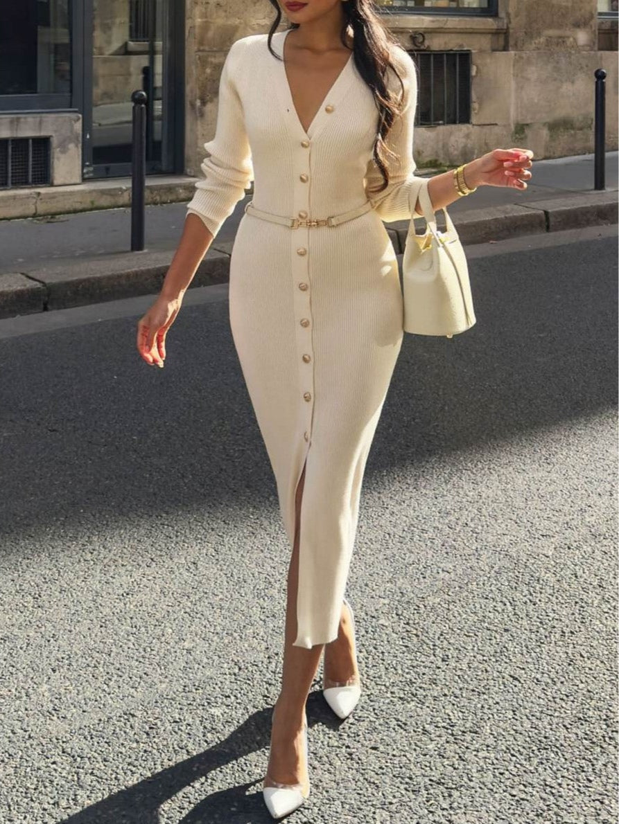 Women's black knit pencil dress V-neck long sleeves high waist with button details