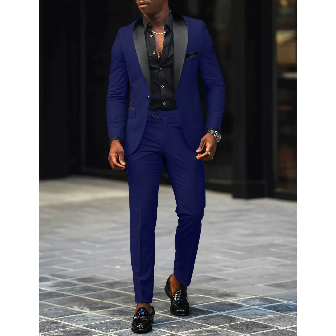 Men's slim fit black tuxedo suit with satin lapels, modern structured blazer for wedding guests