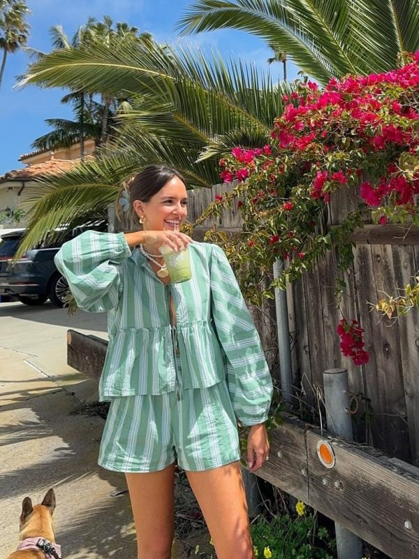 Women's striped blouse and shorts two-piece set in casual summer style with coordinated design