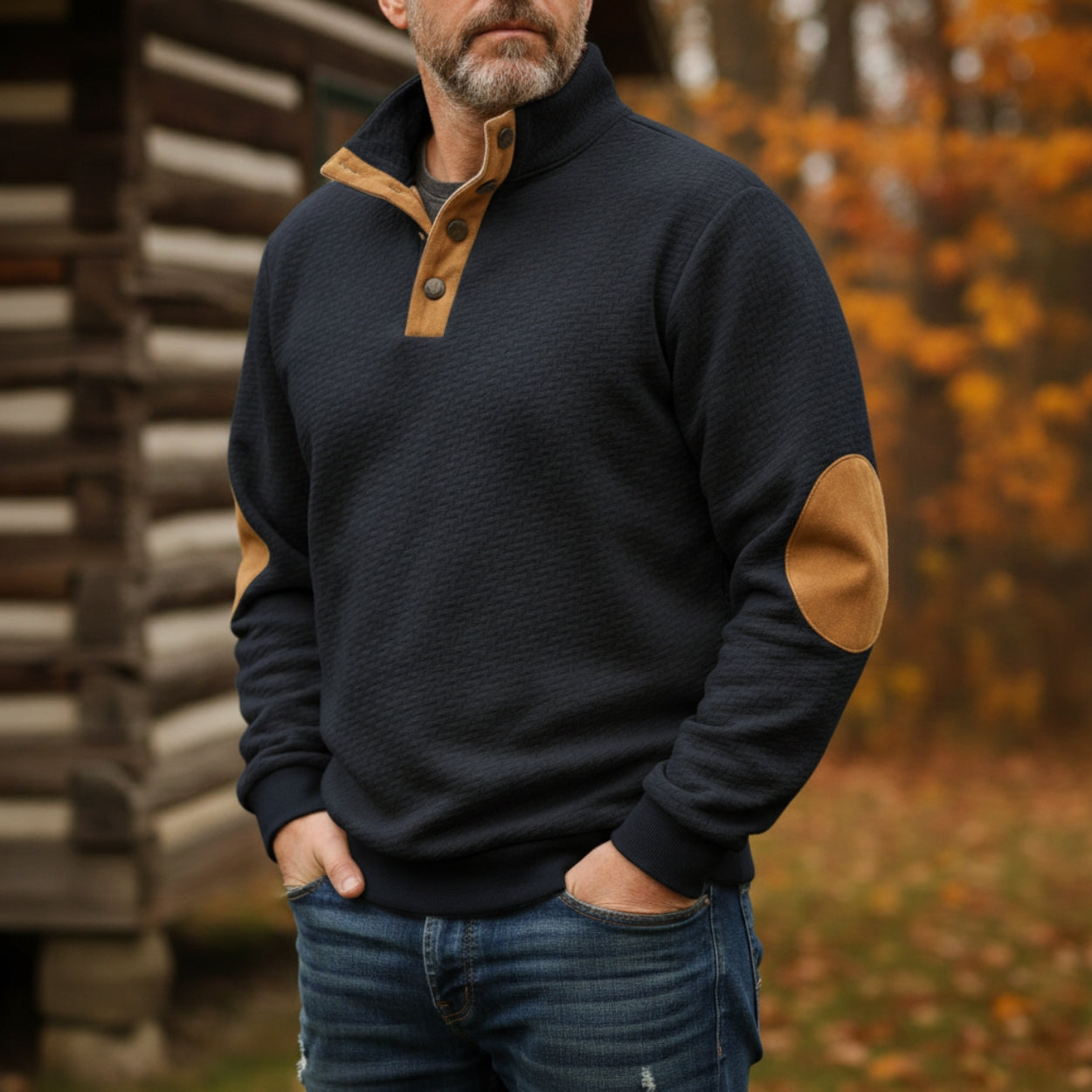 Men's relaxed-fit wool sweater stand collar elbow patch button placket warm knit casual style