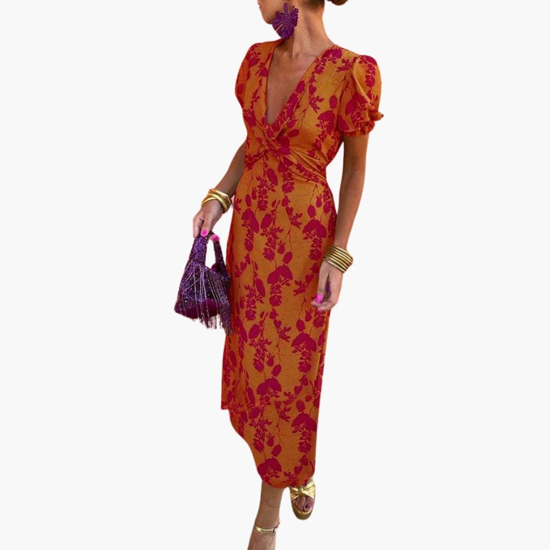 Women's floral wrap dress V-neck lightweight summer fit with waist-defining silhouette