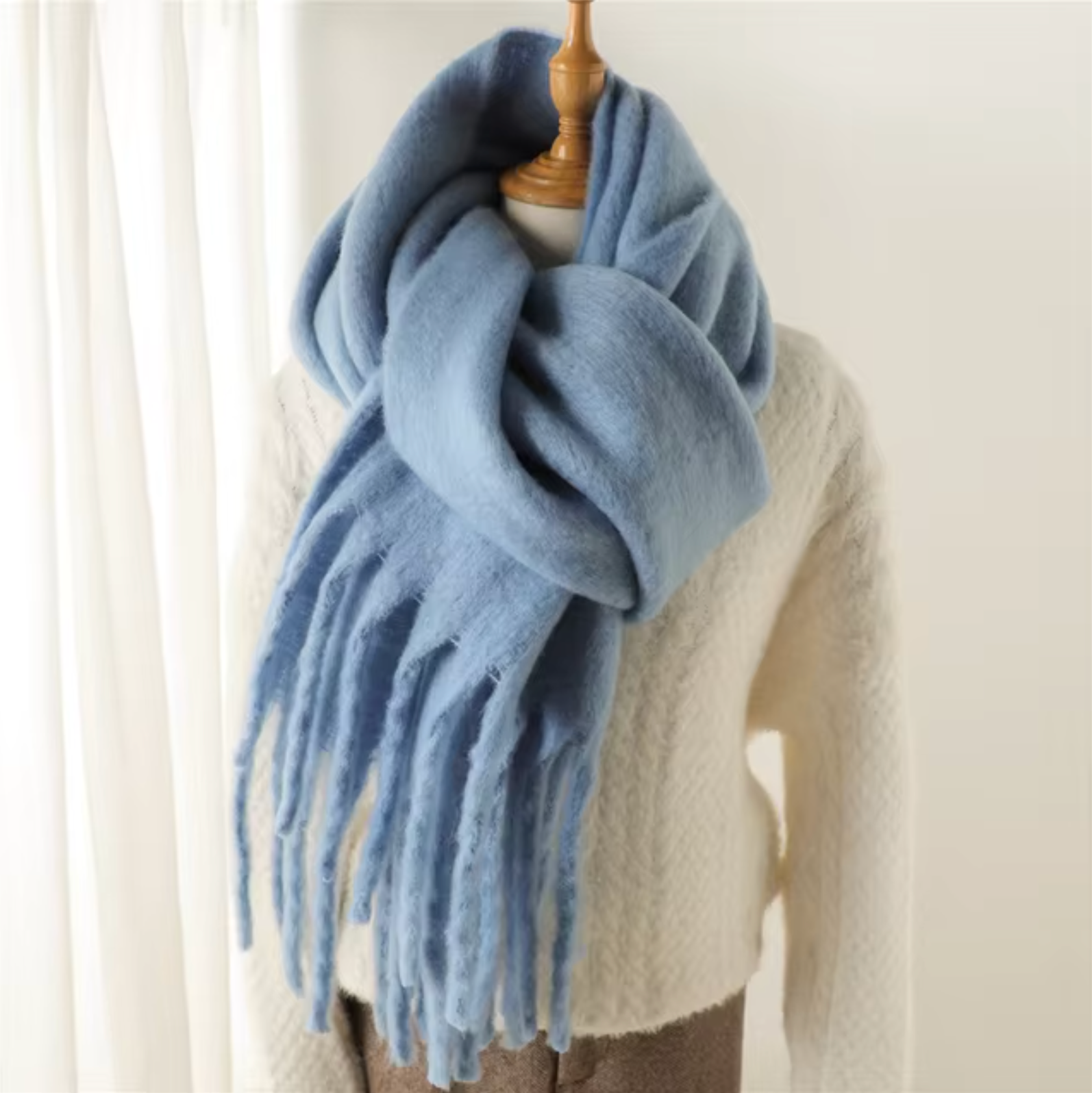 Women's cashmere-like winter pashmina scarf with long fringe, soft solid wrap for warmth