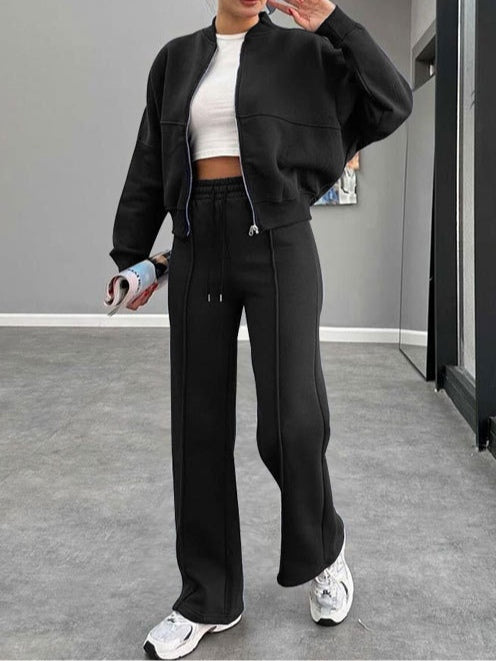 Women's thick patchwork knit zippered cardigan and straight pants set, casual solid color autumn suit