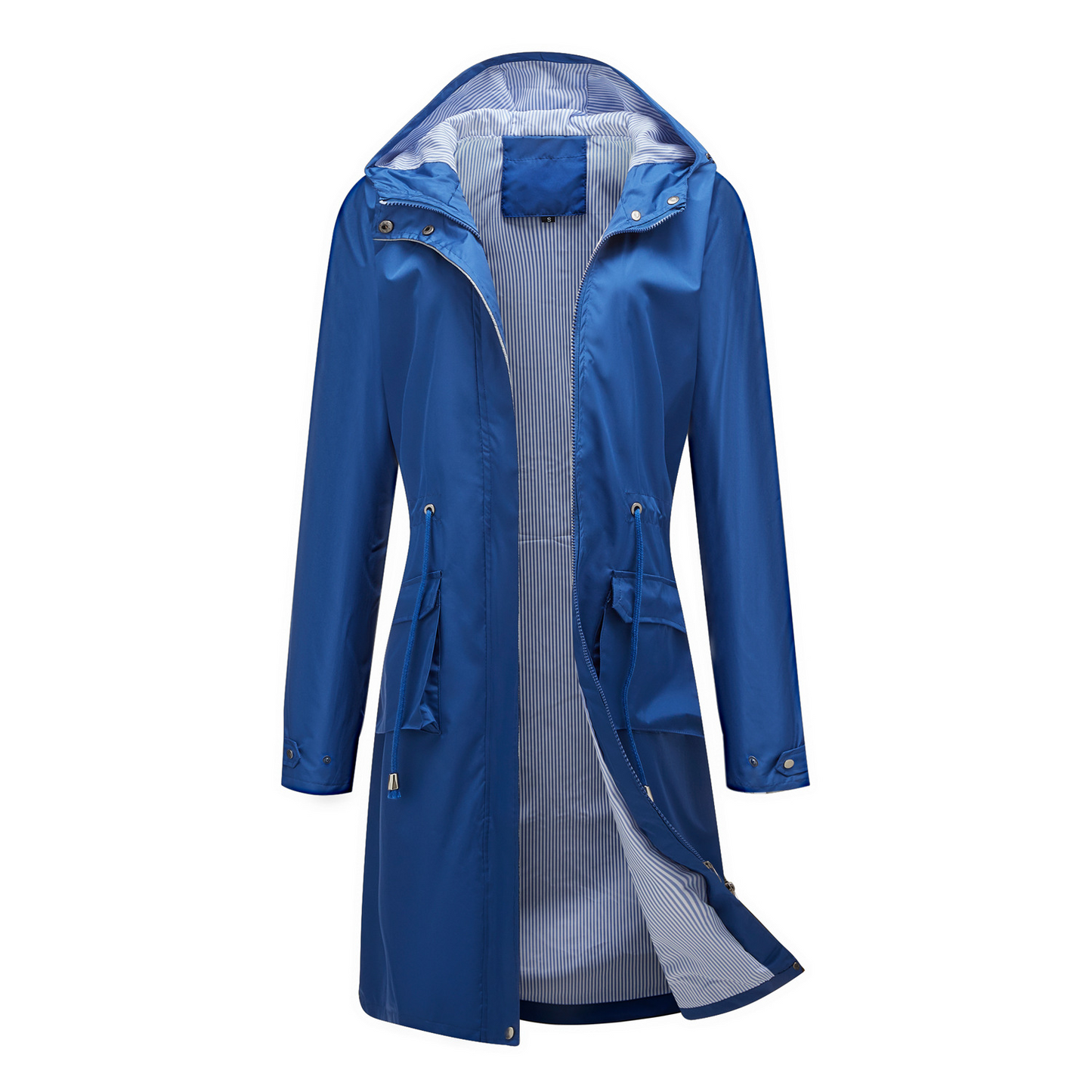 Beige lightweight waterproof trench coat slim fit with adjustable waist and hood for urban commuting