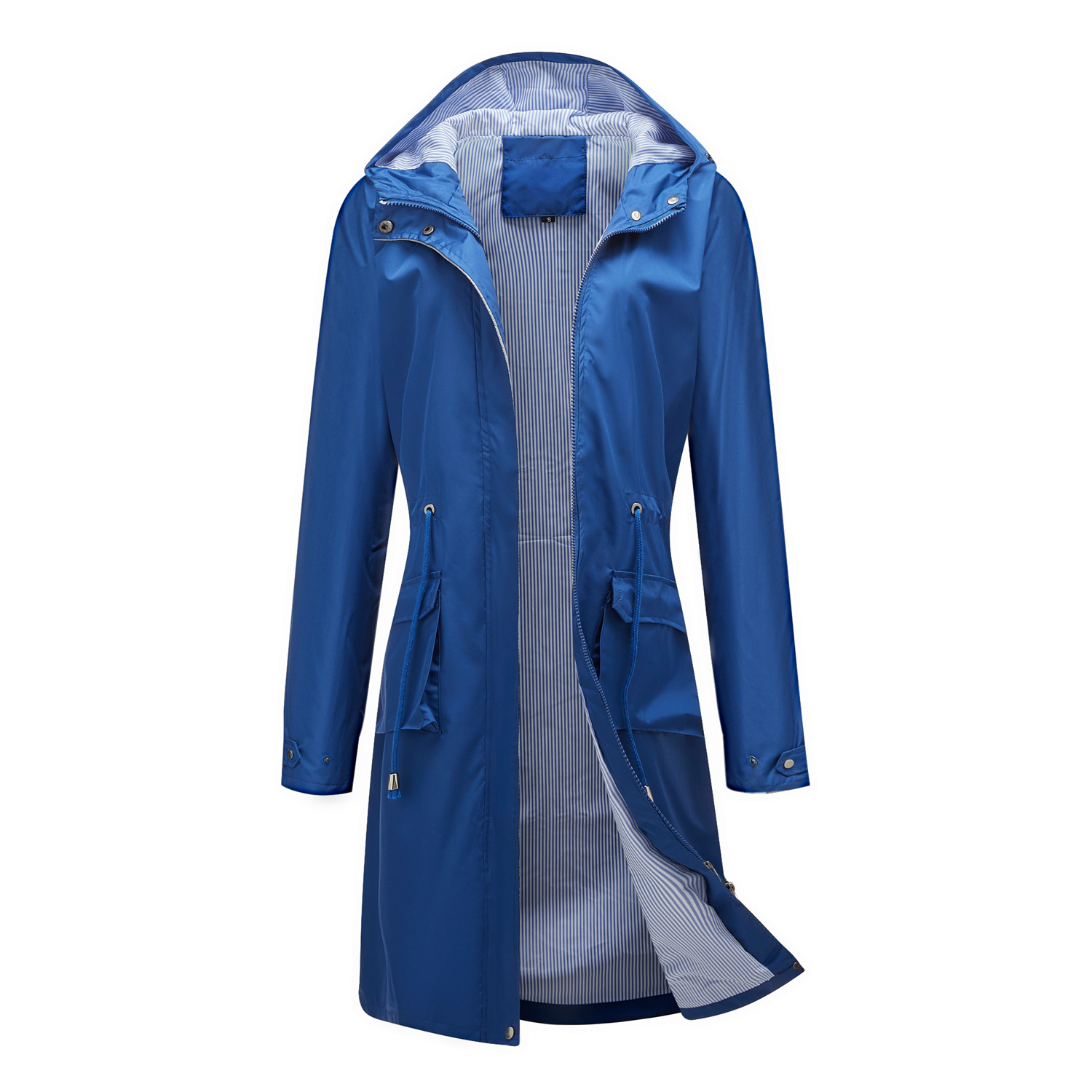 Beige lightweight waterproof trench coat slim fit with adjustable waist and hood for urban commuting