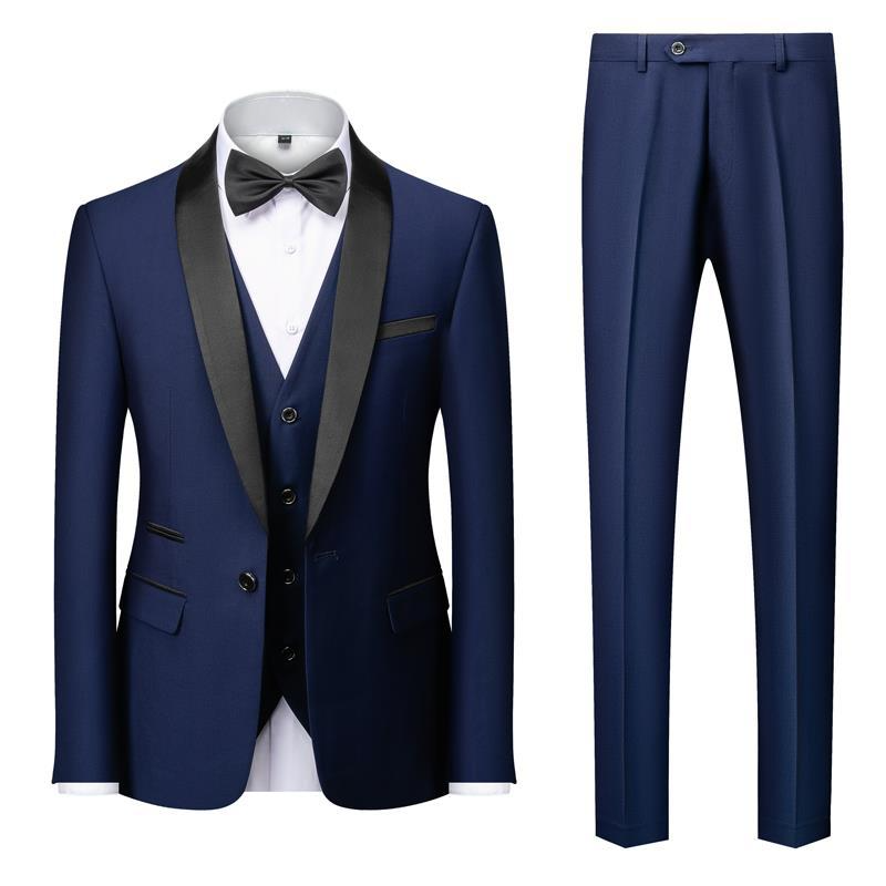 Classic men's costume navy blue slim-fit suit with clean tailored design for everyday elegant wear