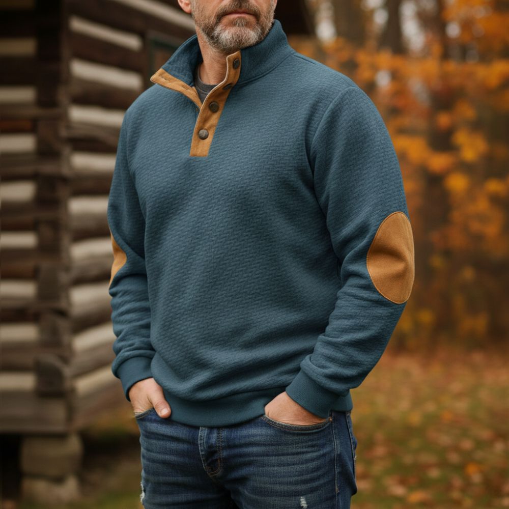 Men's relaxed-fit wool sweater stand collar elbow patch button placket warm knit casual style