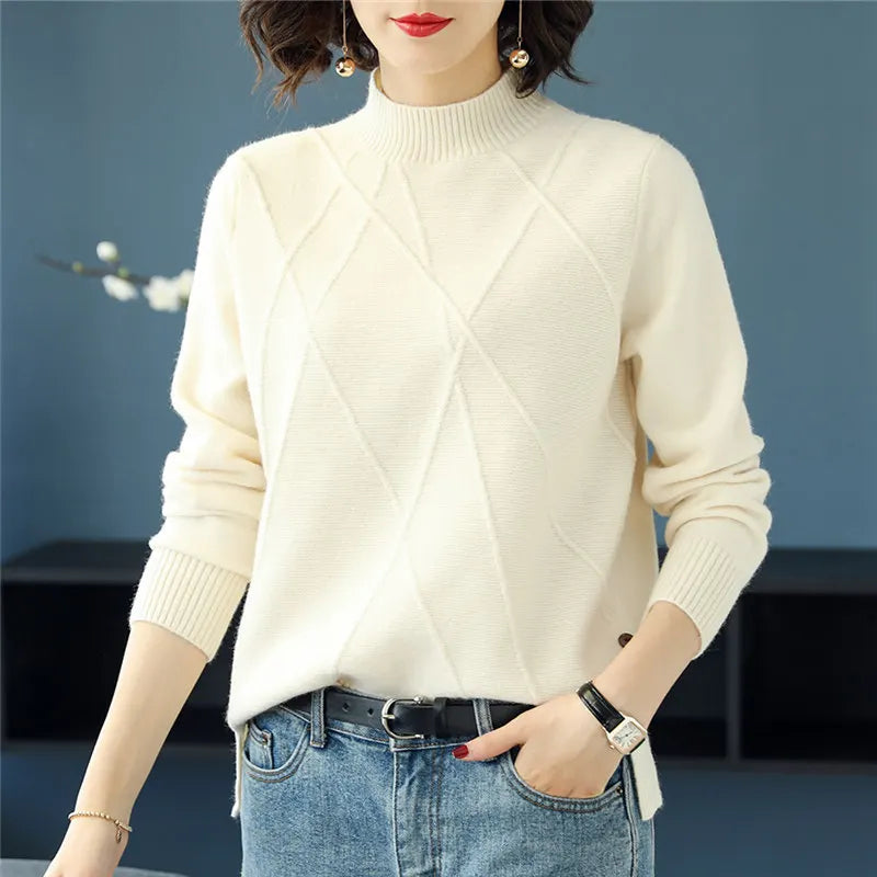 Women's cashmere turtleneck sweater with diamond knit pattern, midweight stretch blend, ultra-soft luxury fit