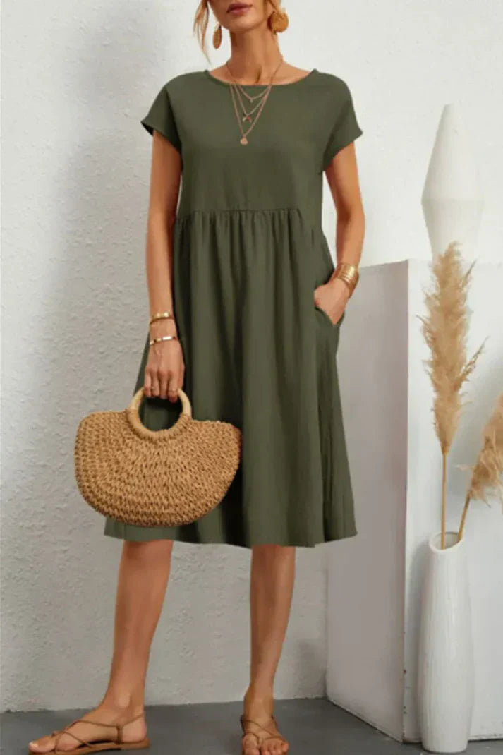 Melanie women's casual plain-color short-sleeve dress with round neck, everyday versatile fit