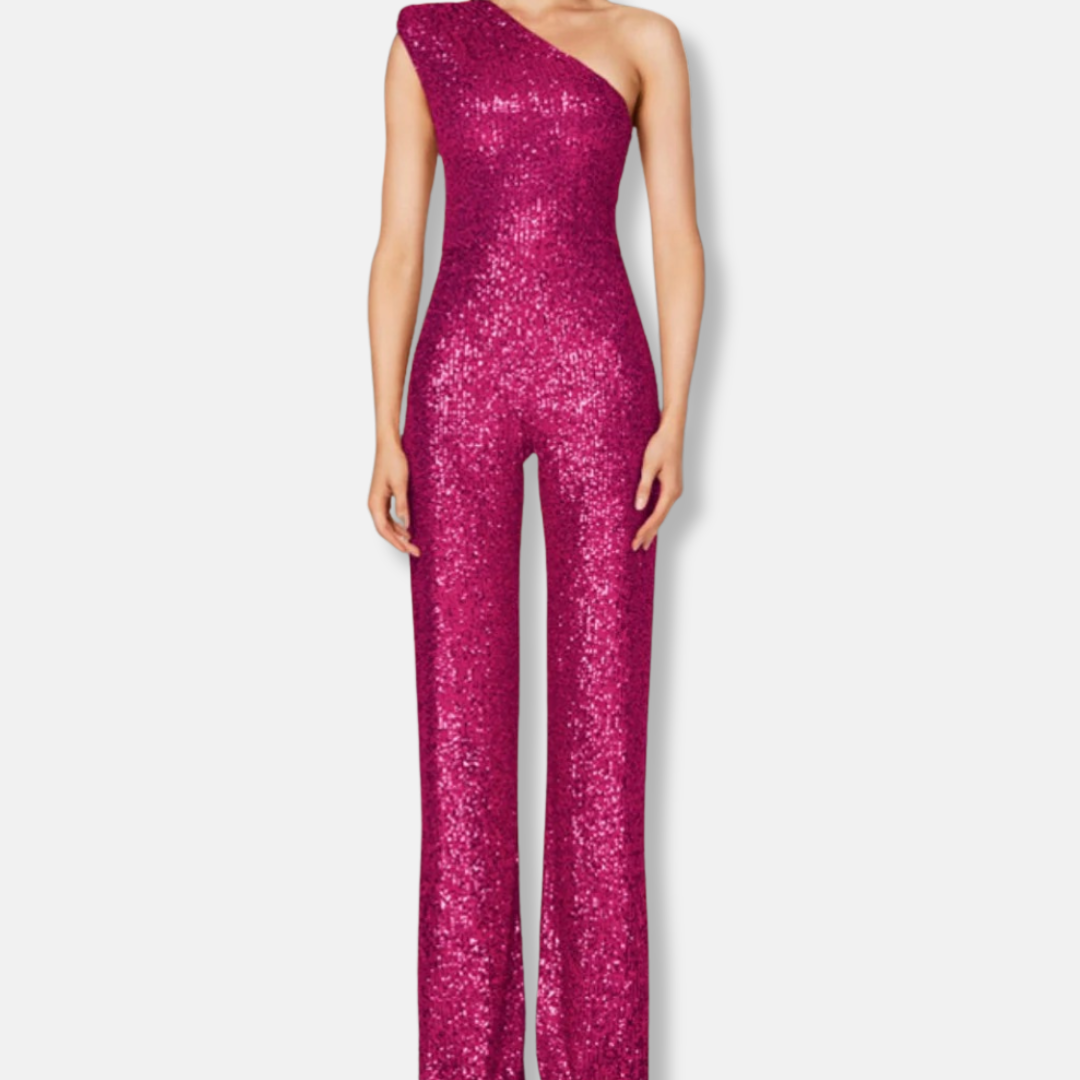 Women's silver sequined one-shoulder wide-leg jumpsuit sleeveless glamorous eveningwear flowing silhouette