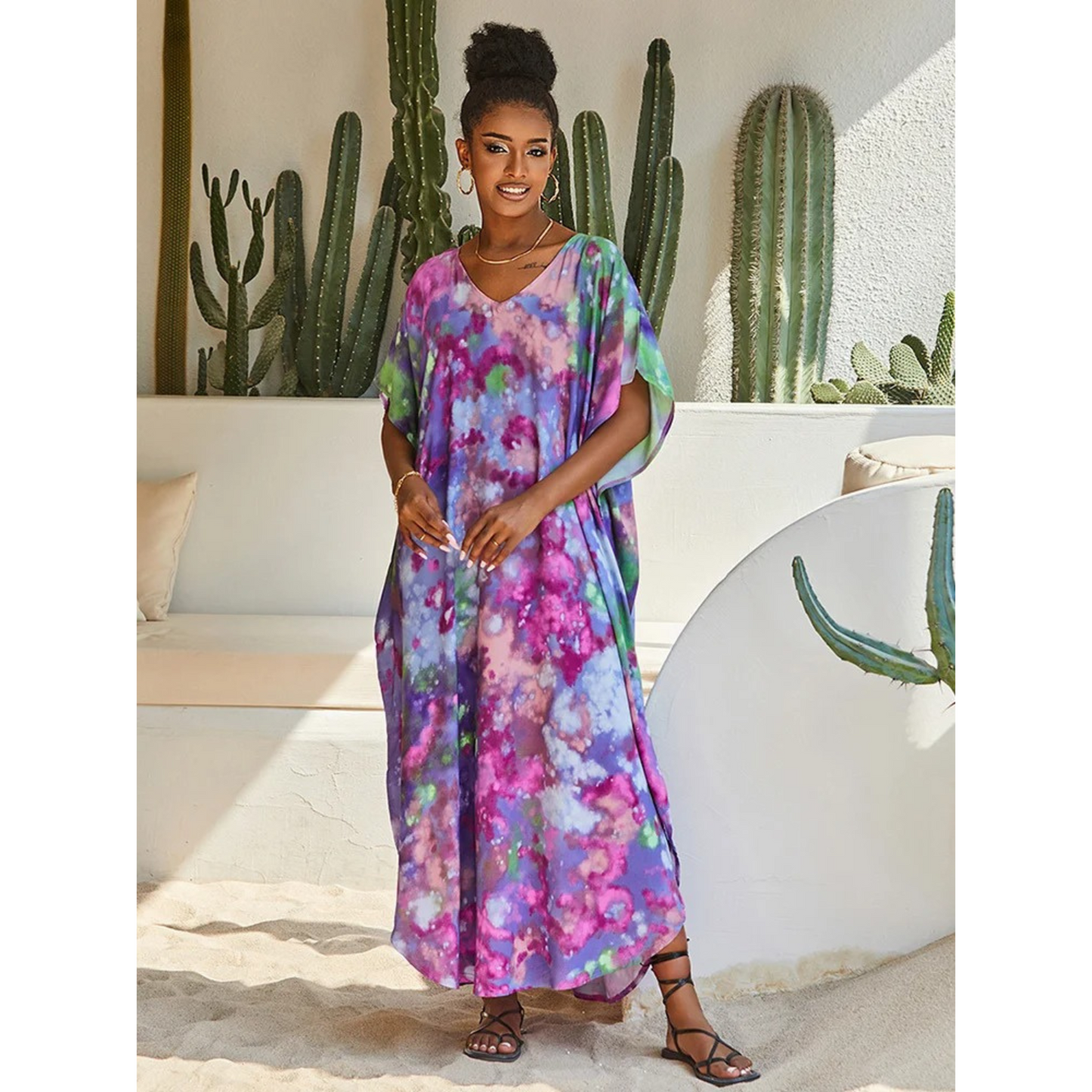 Women's light airy kaftan loose fit V-neck beach cover-up bohemian style casual vacation