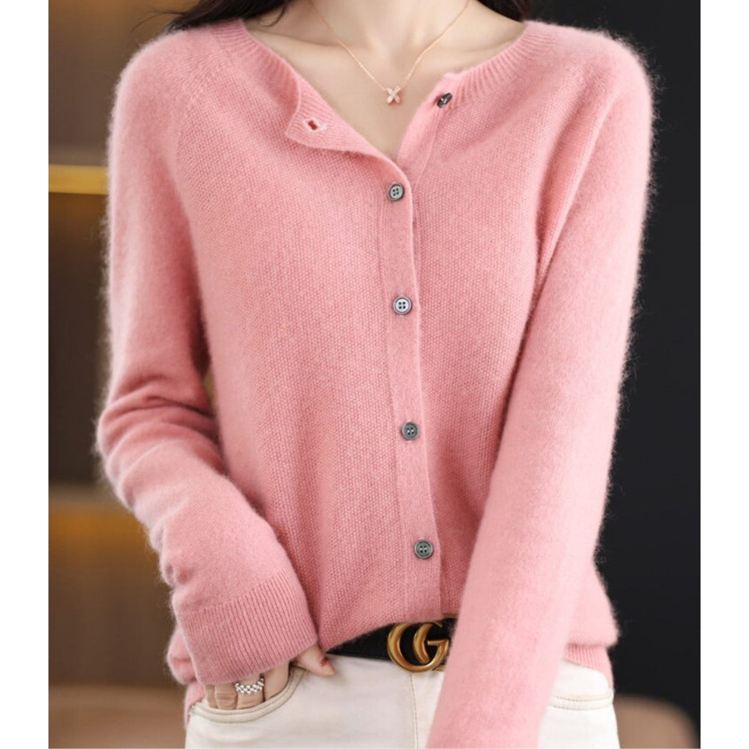 Women's merino wool cardigan ivory round neck knit slim silhouette luxurious soft layer
