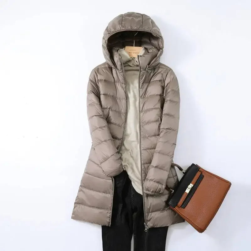 Women's black packable puffer jacket removable hood lightweight insulated outdoor city wear