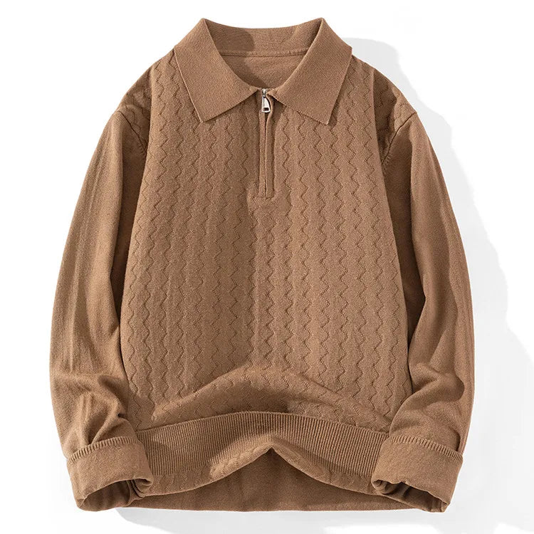 Men's quarter-zip polo sweater in premium jacquard zigzag knit, structured smart-casual midweight style
