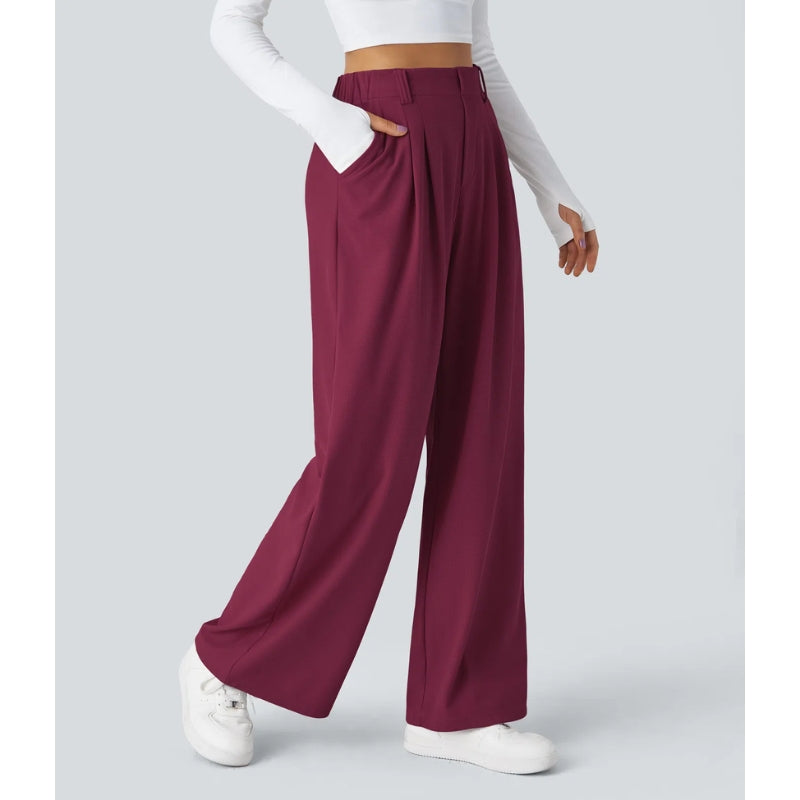 Women's high-waisted waffle knit wide-leg pants relaxed fit stretch workwear trousers