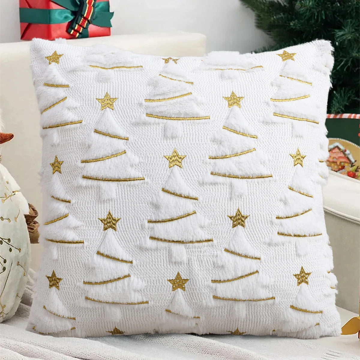 Festive woven pillow cover tufted trees gold embroidery star embellishments hidden zipper holiday decor accent