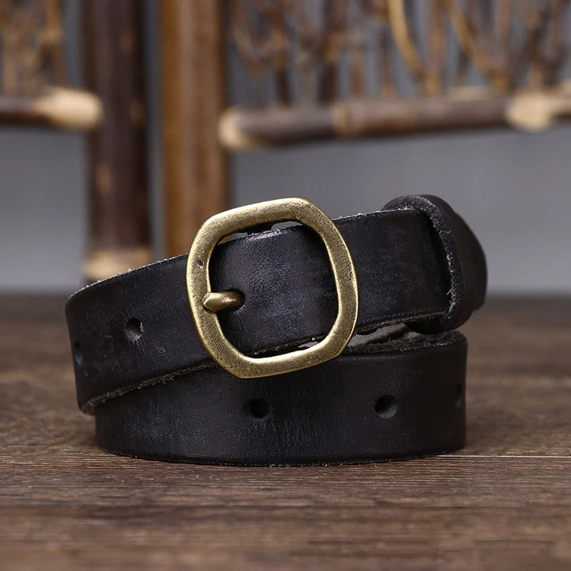 Men's full-grain leather belt distressed patina hand-finished antique brass buckle vintage style