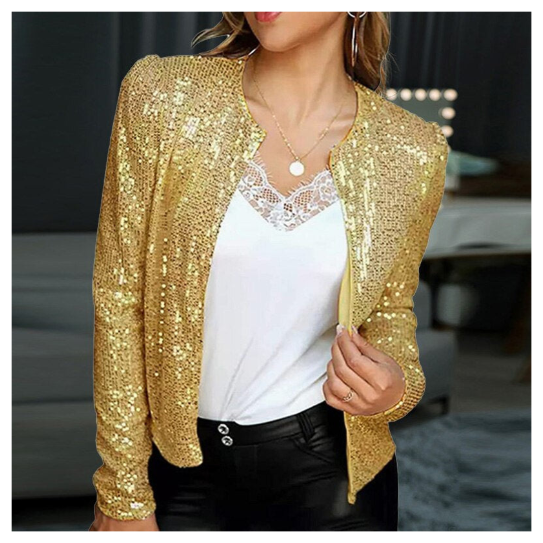 Women's open-front sequin jacket bold sparkle elegant cut perfect for parties and nights out