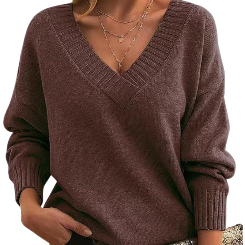 Women's relaxed-fit wool blend V-neck sweater in cozy neutral tones, perfect for layering in fall