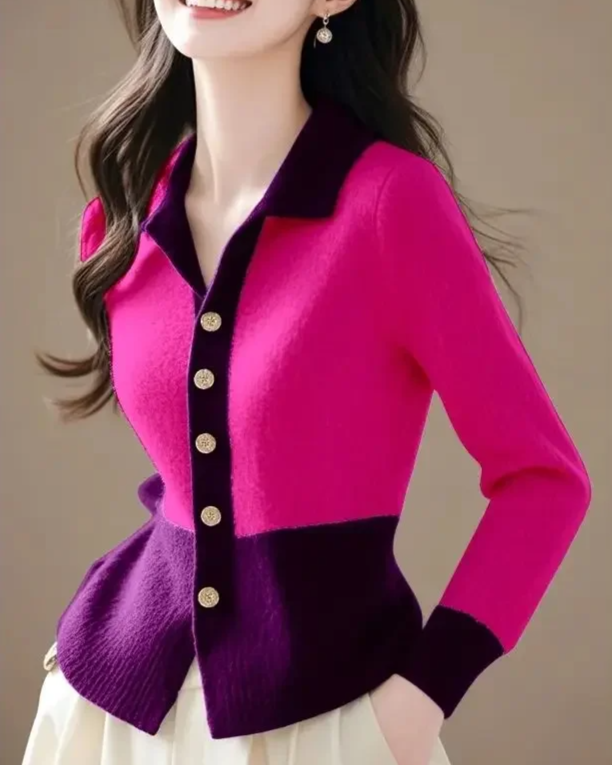 Women's structured contrast cardigan cotton-blend knit fitted silhouette with gold-tone buttons