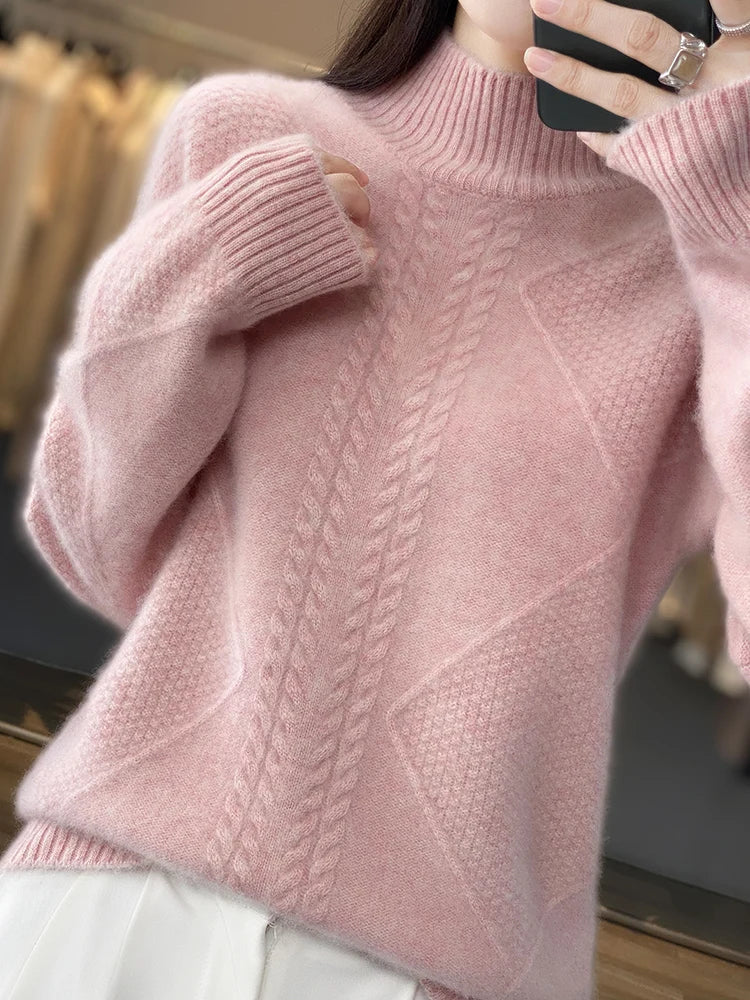 Women's ivory cashmere cable knit turtleneck sweater with cozy high neck for winter layering