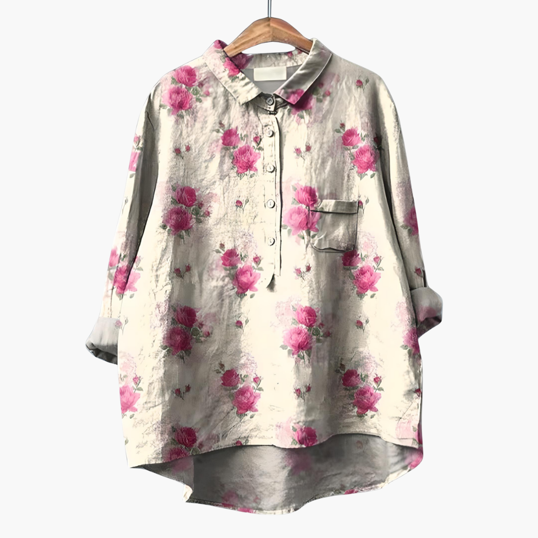 Women's floral print summer blouse lightweight fabric rolled-up long sleeves casual style