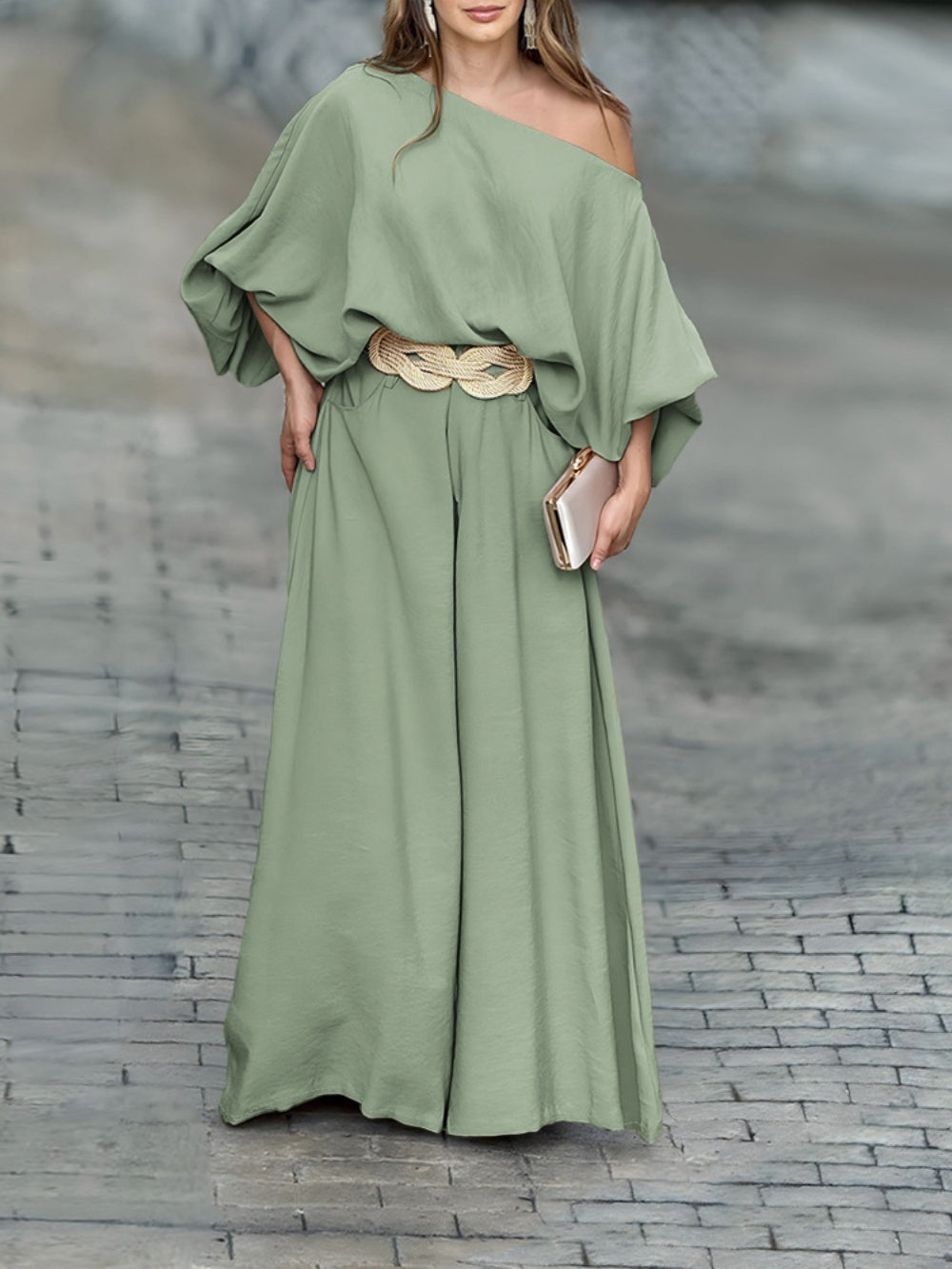 Women's off-shoulder lantern sleeve cotton two-piece set with elastic waist pants, solid embossed texture