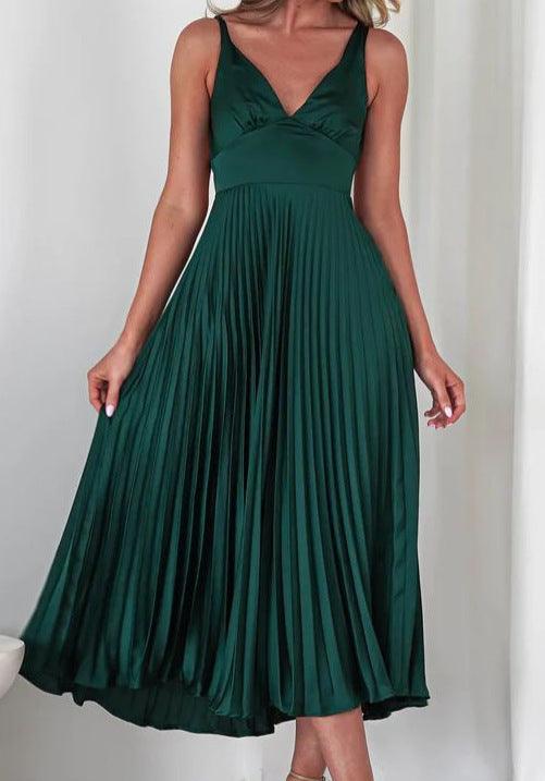 Pleated backless midi dress V-neck high waist suspender straps elegant evening wear women