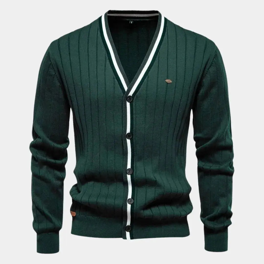 Ribbed button-up knit cardigan with contrasting trim, tailored silhouette for office wear