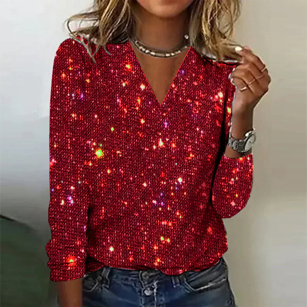 Women's silver glitter sequin leotard with deep V-neckline, bodysuit cut for glamorous nights out