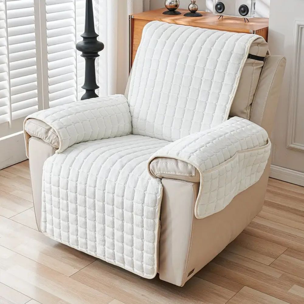 Plush grid microfiber recliner cover with protective arm covers in cozy contemporary style