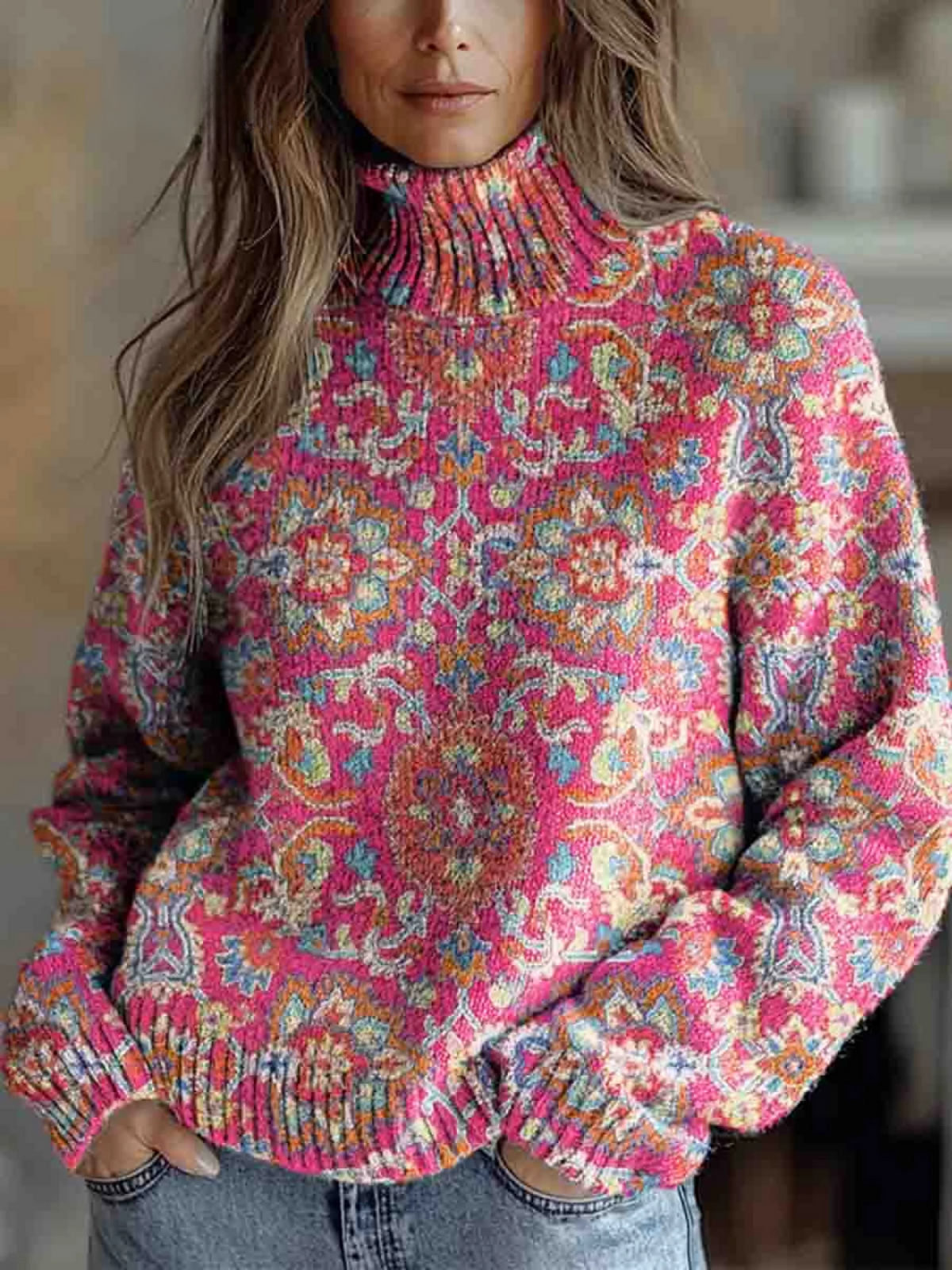 Women's holiday turtleneck ribbed knit sweater relaxed fit with colorful festive pattern