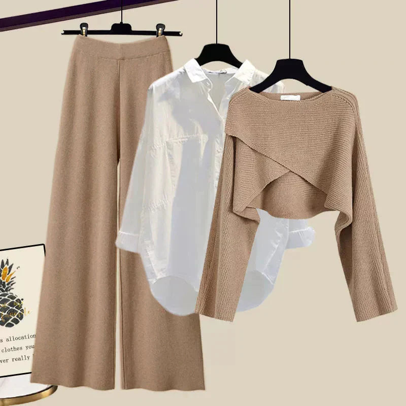 Women's 3-piece lounge set wide-leg trousers white blouse asymmetric sweater cozy casual homewear