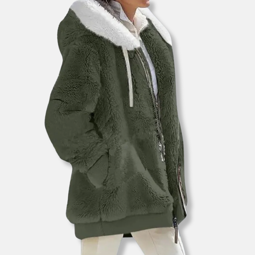 Women's oversized fleece hooded jacket mid-thigh length with zip front and pockets, cozy casual fit