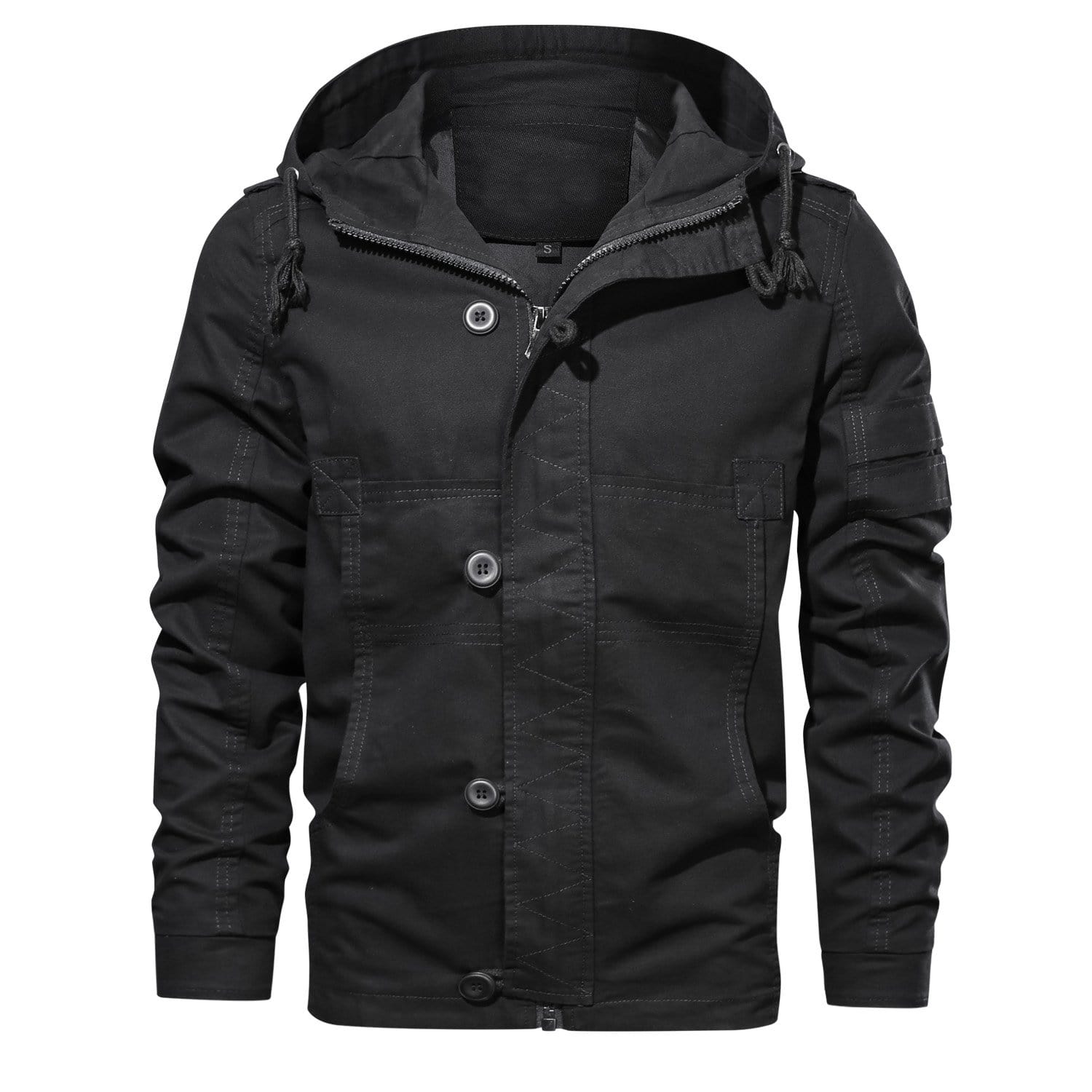 Men's olive hooded field jacket regular fit button front closure with flap pockets