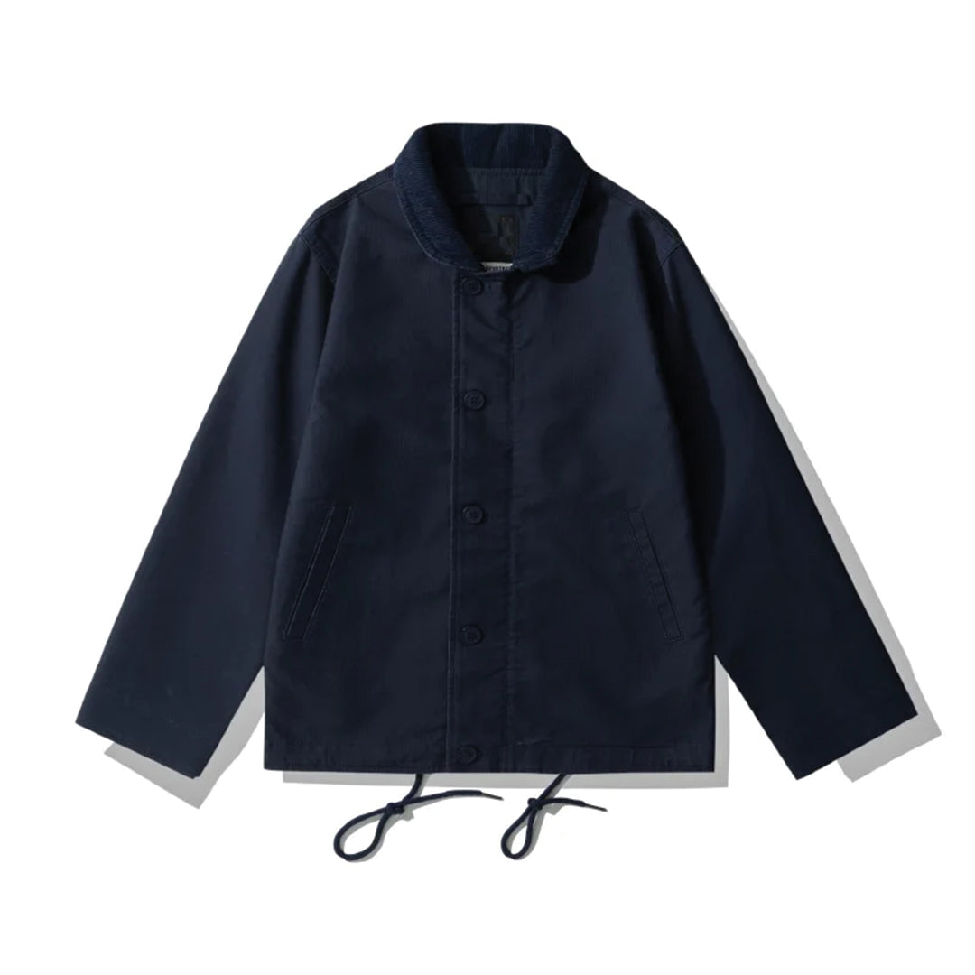 Olive green cotton trail jacket with corduroy collar and adjustable hem for outdoor wear
