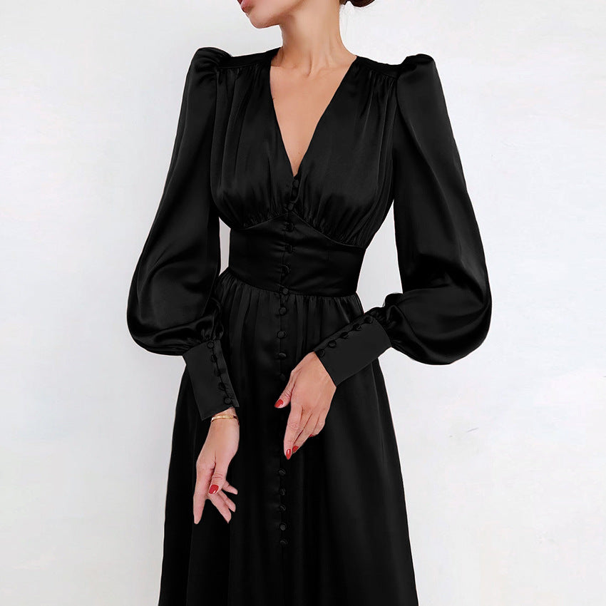Women's elegant floor-length luminous fabric dress with fluid silhouette and shimmering finish for evenings