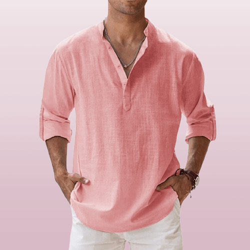 Men's linen blend Henley shirt in casual regular fit with long sleeves and classic button placket