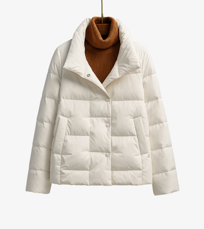 Women's cropped quilted puffer jacket, lightweight stand collar snap front, square-pattern texture