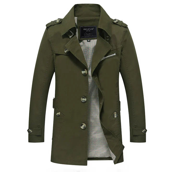 Men's dark winter trench coat with double button placket, epaulettes, and tailored everyday silhouette