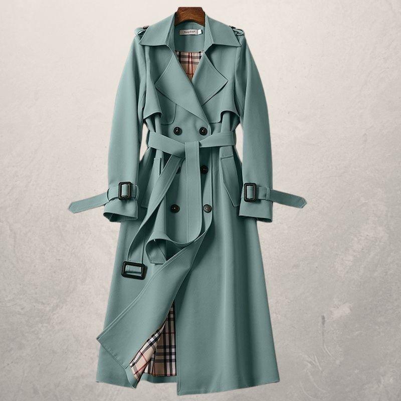 Women's elegant double-breasted wrap coat with adjustable belt, soft warm fabric, polished silhouette